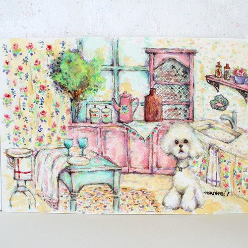 「プードル、アプリコットとフラワーガーデン」水彩画 原画 はがきサイズ 額付き プードル、アプリコットとフラワーガーデン」水彩画 原画 はがき
