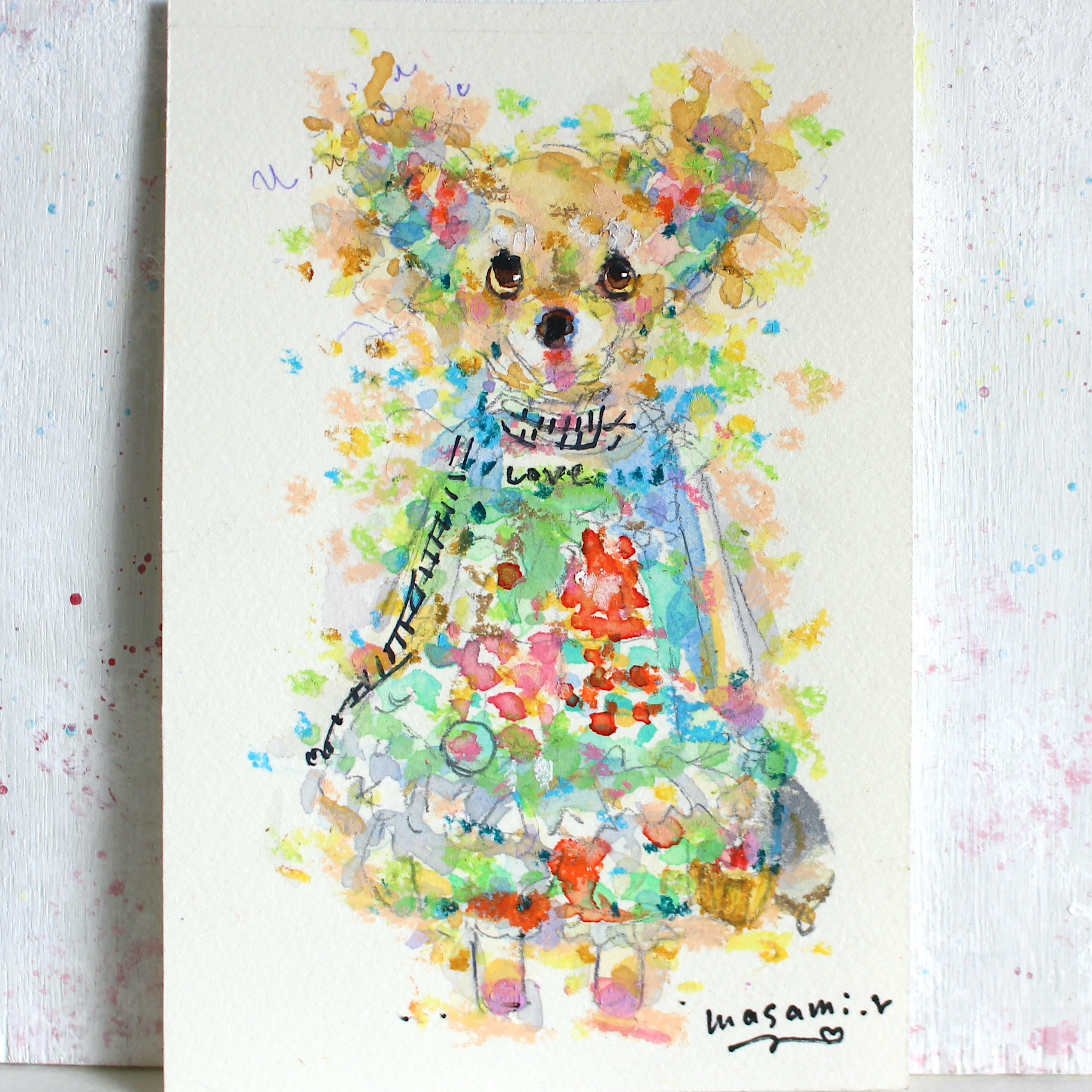 チワワ（クリーム）のミニぬいぐるみ 水彩画イラスト 原画 はがきサイズ