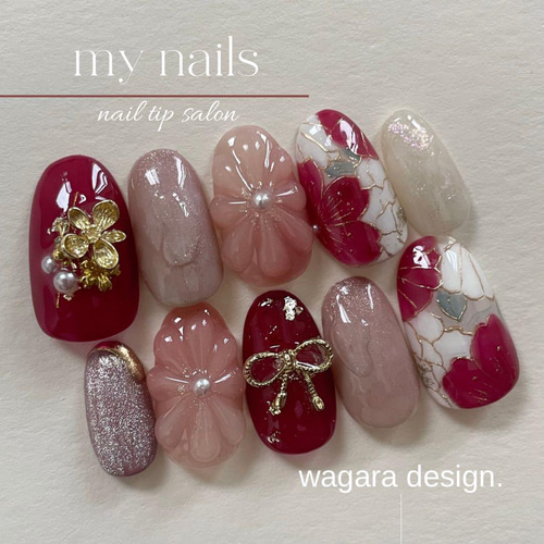 成人式赤×ピンク×ホワイトニュアンス和柄ネイルno2 ネイルチップ