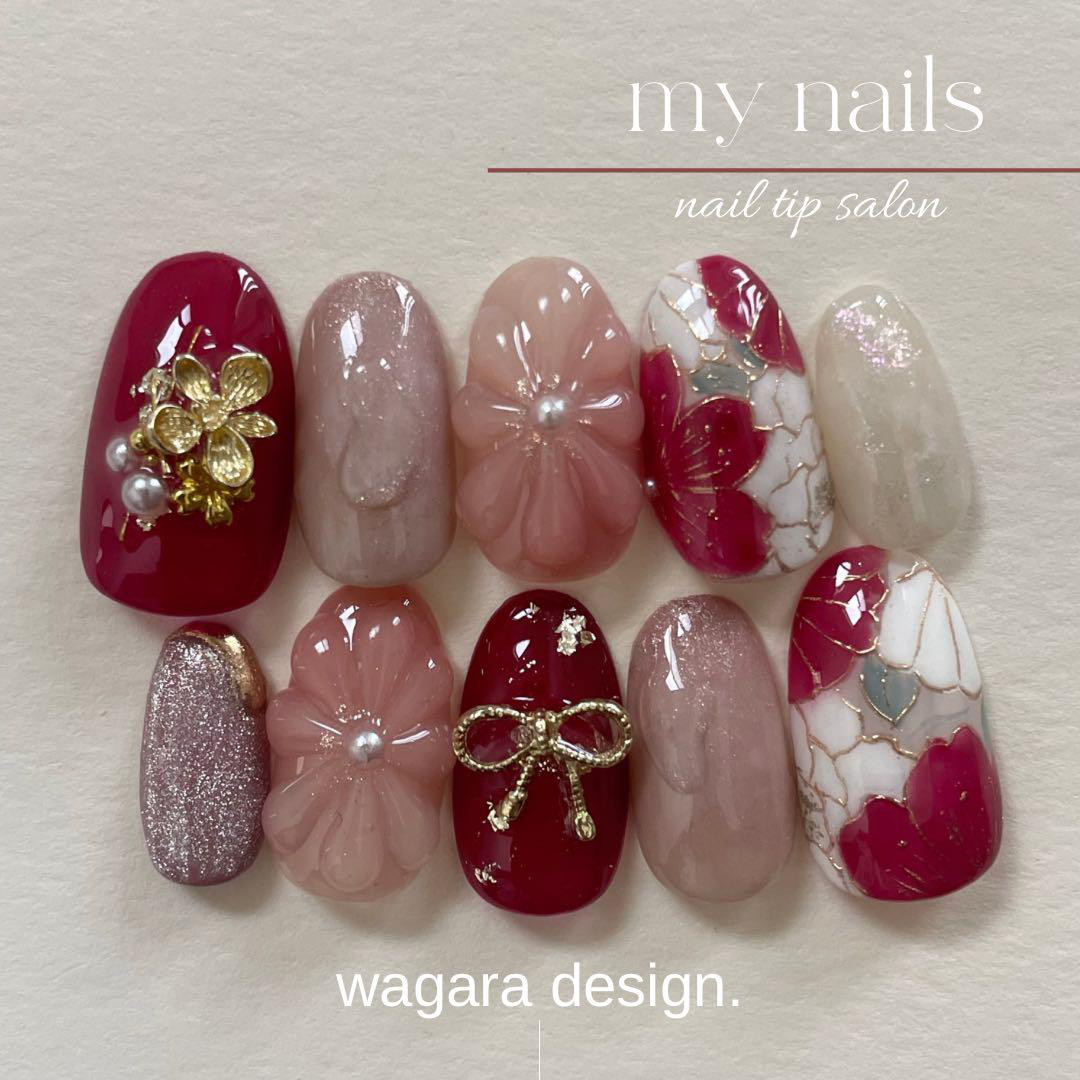 ネイルチップ 成人式 振袖 和柄 赤 ピンク ニュアンス フルオーダーネイル 振袖 赤 和柄 フルオーダーネイル ニュアンス ピンク ネイルチップ 成人式