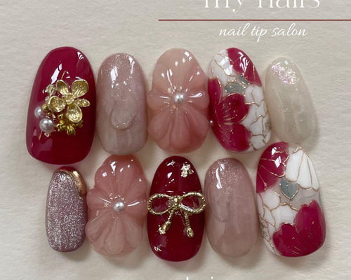 ネイルチップ 成人式 振袖 和柄 赤 ピンク ニュアンス フルオーダーネイル ネイルチップ/成人式ネイル/振袖/前撮り/和装/和柄/花柄/卒業式/赤