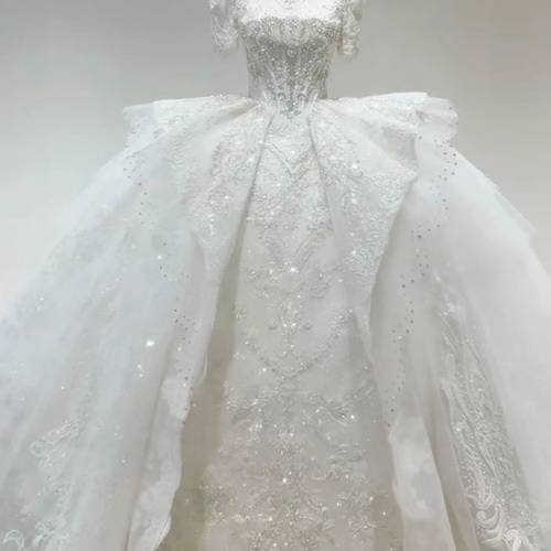 お買い得！スクエアネック 背中見せ 華やかトレーン 編み上げデザイン  