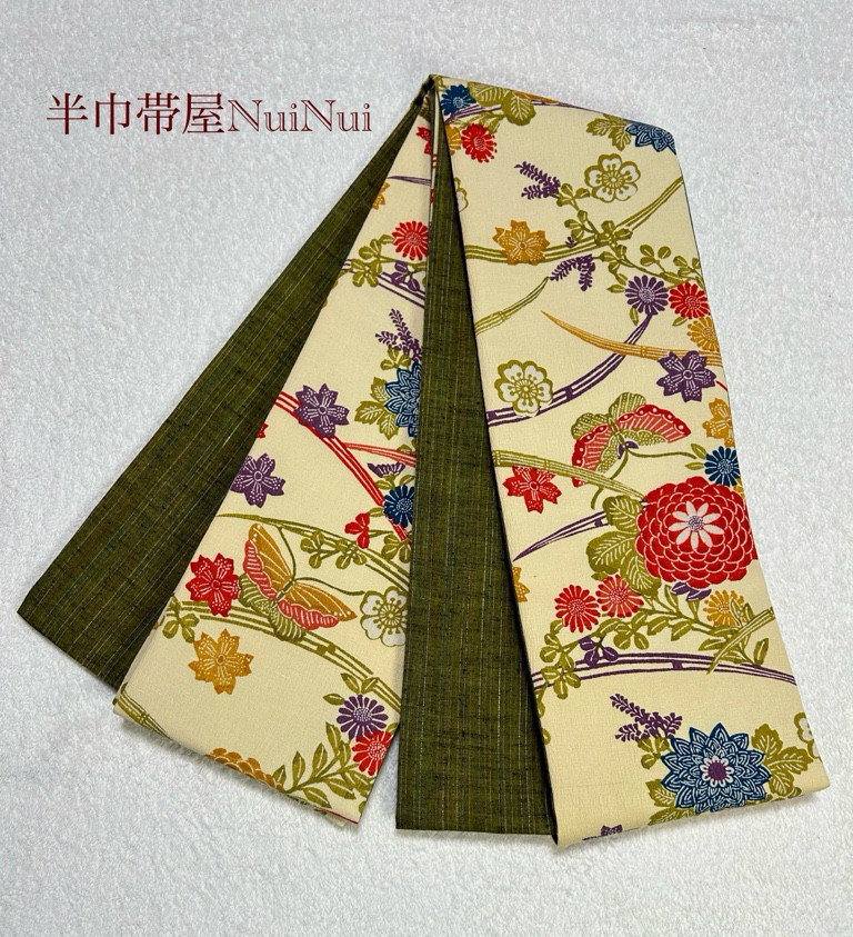 233号 半幅帯 紅型紬 アイボリー×抹茶色紬 正絹 リバーシブル 並尺 ☆締めやすい天然素材☆繋ぎ目なしで安心☆