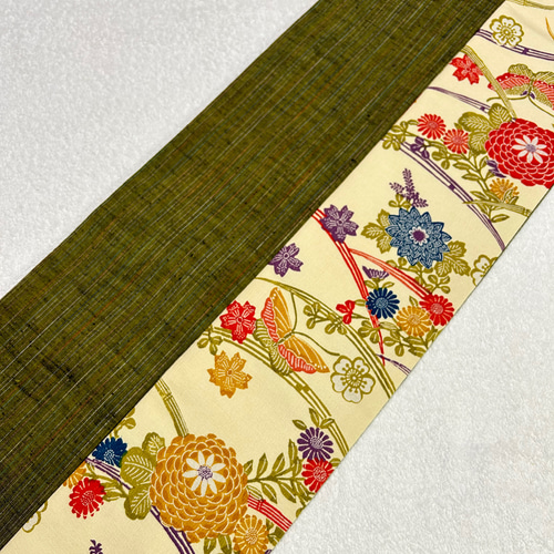 233号 半幅帯 紅型紬 アイボリー×抹茶色紬 正絹 リバーシブル 並尺