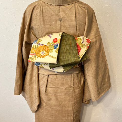 233号 半幅帯 紅型紬 アイボリー×抹茶色紬 正絹 リバーシブル 並尺