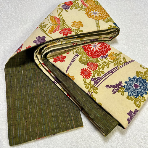 233号 半幅帯 紅型紬 アイボリー×抹茶色紬 正絹 リバーシブル 並尺