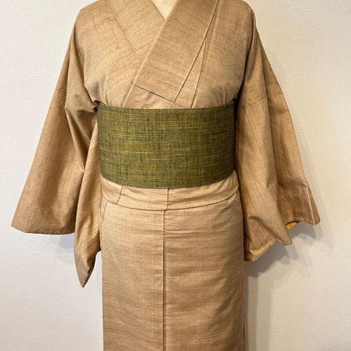 233号 半幅帯 紅型紬 アイボリー×抹茶色紬 正絹 リバーシブル 並尺