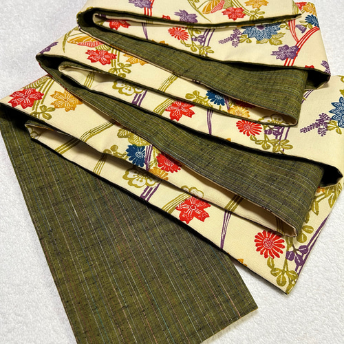 233号 半幅帯 紅型紬 アイボリー×抹茶色紬 正絹 リバーシブル 並尺