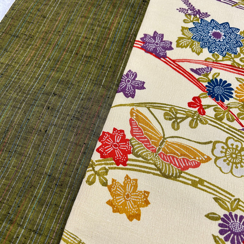 233号 半幅帯 紅型紬 アイボリー×抹茶色紬 正絹 リバーシブル 並尺