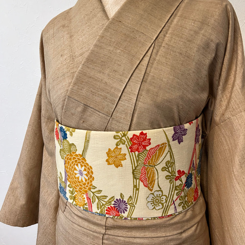 233号 半幅帯 紅型紬 アイボリー×抹茶色紬 正絹 リバーシブル 並尺