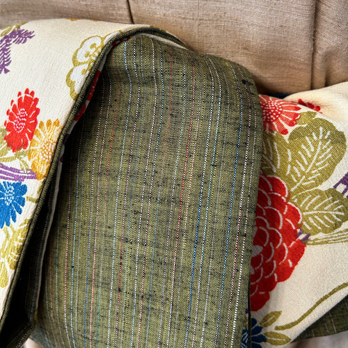 233号 半幅帯 紅型紬 アイボリー×抹茶色紬 正絹 リバーシブル 並尺  