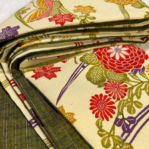 233号 半幅帯 紅型紬 アイボリー×抹茶色紬 正絹 リバーシブル 並尺