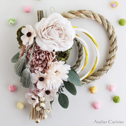 早割】お正月飾り しめ縄 2WAY スワッグ＜ローズ アンティークホワイト  