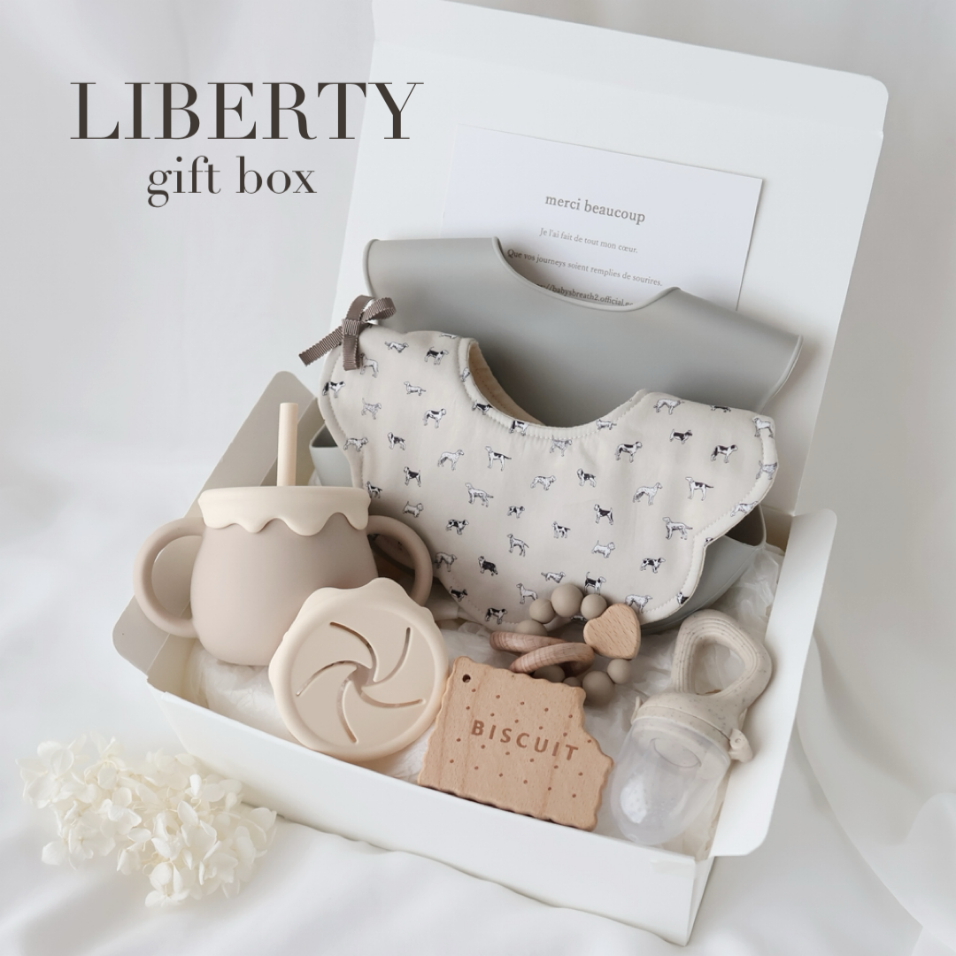 LIBERTY出産祝いギフト6点セット　mocha　 リバティスタイ　シリコンマグ　ビブ　歯固め　他