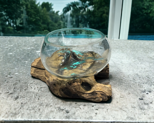 輸入雑貨 バリ島 手吹きガラスアート オブジェ 天然木仕様