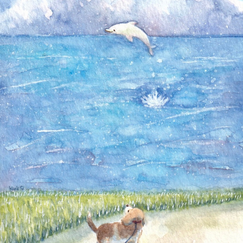 ふと立ち止まって見た景色【ビーグル犬とイルカ】 絵画 kuro 通販