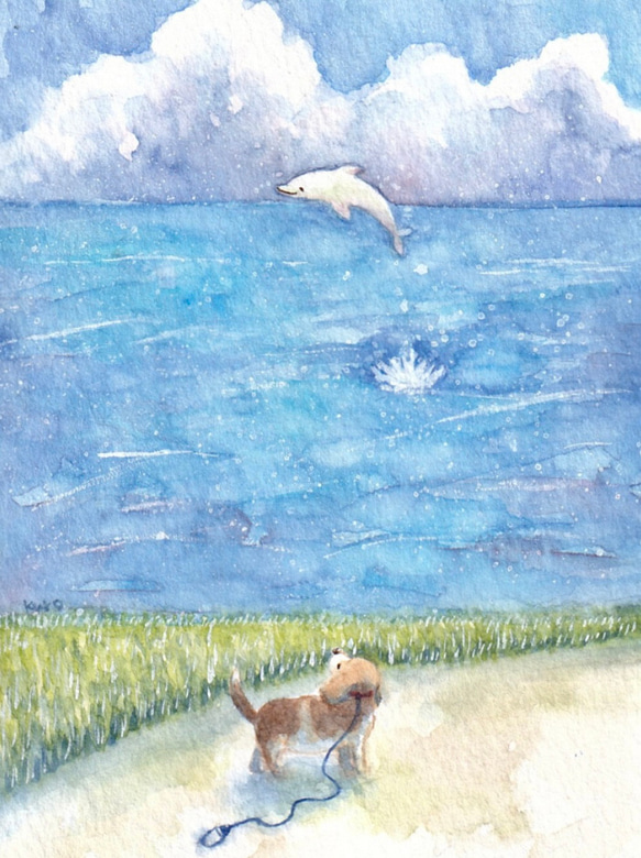 ふと立ち止まって見た景色【ビーグル犬とイルカ】 絵画 kuro 通販