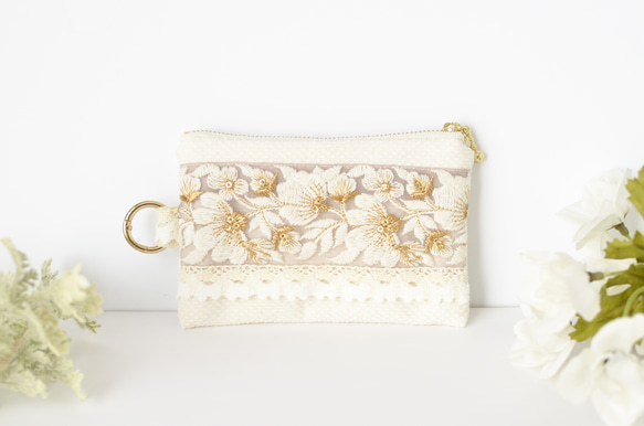 インド刺繍リボンのカラビナ付きミニポーチ くすみパープル