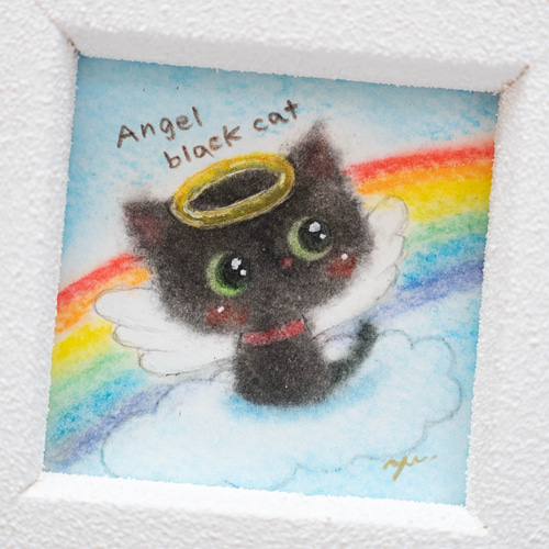 原画・フレーム付】天使の黒猫ちゃん パステルアート イラスト