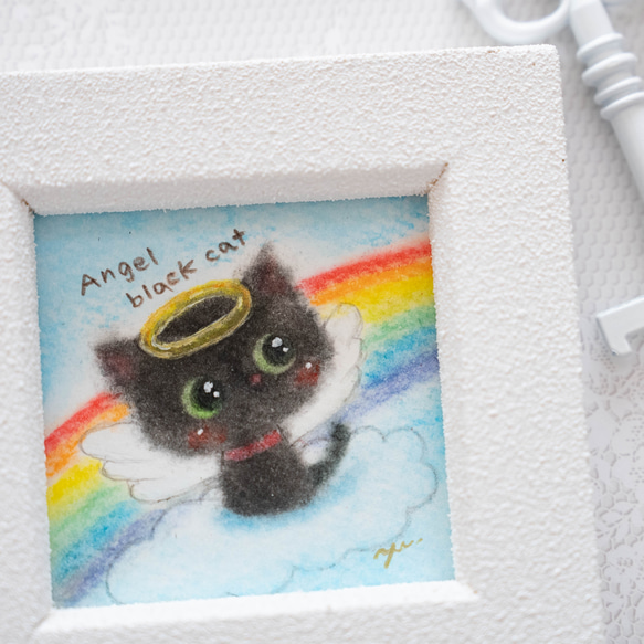 原画・フレーム付】天使の黒猫ちゃん パステルアート イラスト