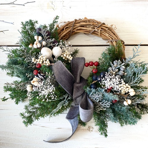 ◇リース◇ハーフリース◇プレゼント Lune Bonheur＜olive antique＞＊クリスマスリース＊フラワーリース