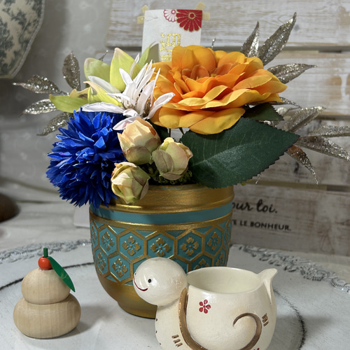 風水カラーのお正月飾りセット 2025 蒼 干支の座布団ひとつ付けました