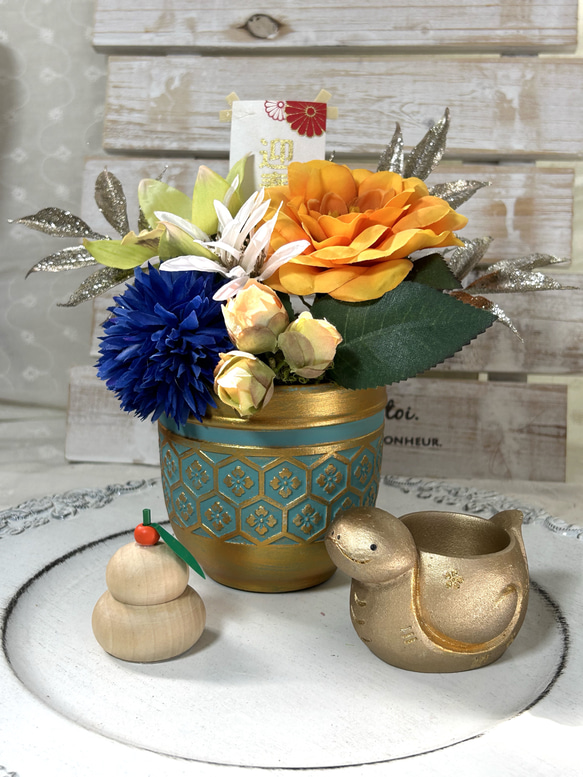 風水カラーのお正月飾りセット 2025 蒼 干支の座布団ひとつ付けました