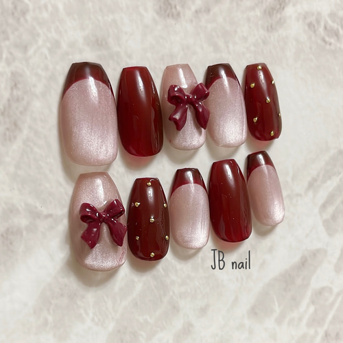 リボン＋フレンチ＋ドット ネイルチップ ボルドー 秋ネイル