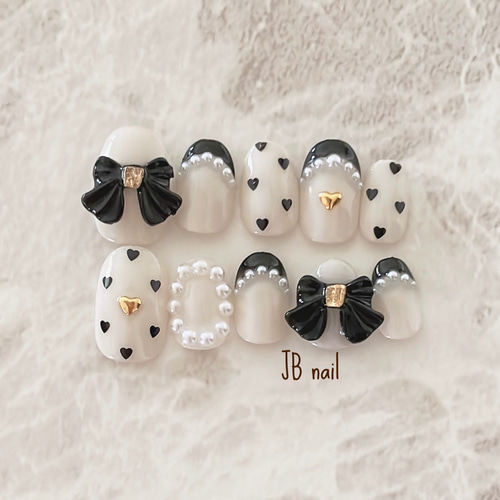 62)) ハートネイル ブラック フレンチガーリー 個性派 ネイルチップ