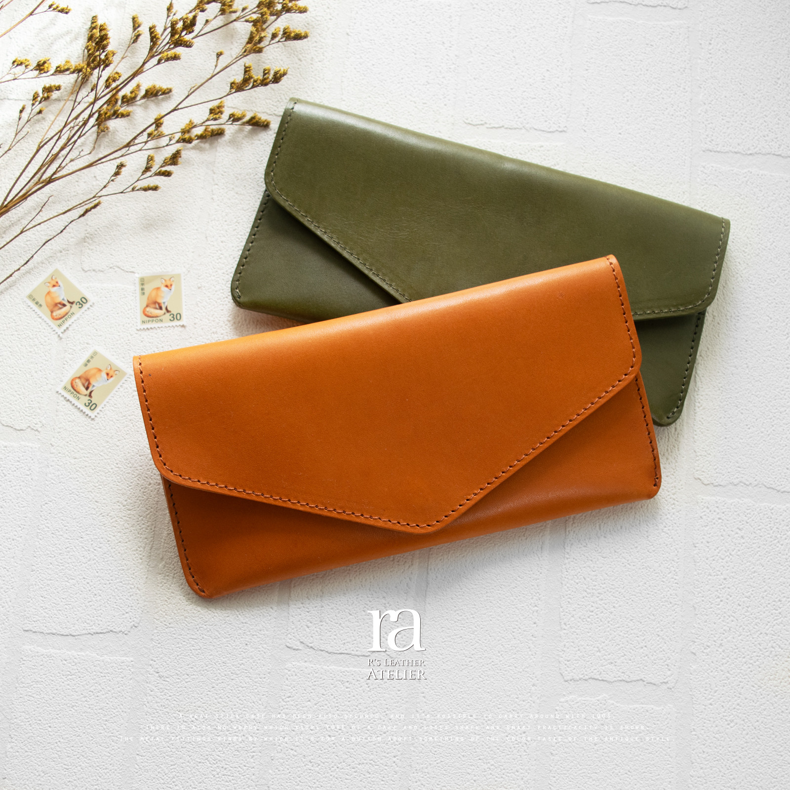 洋封筒みたいな薄型長財布♪ 国産高級レザー 薄い財布 栃木レザー 本革 オシャレ かわいい 緑 ネイビー 黒 キャメル