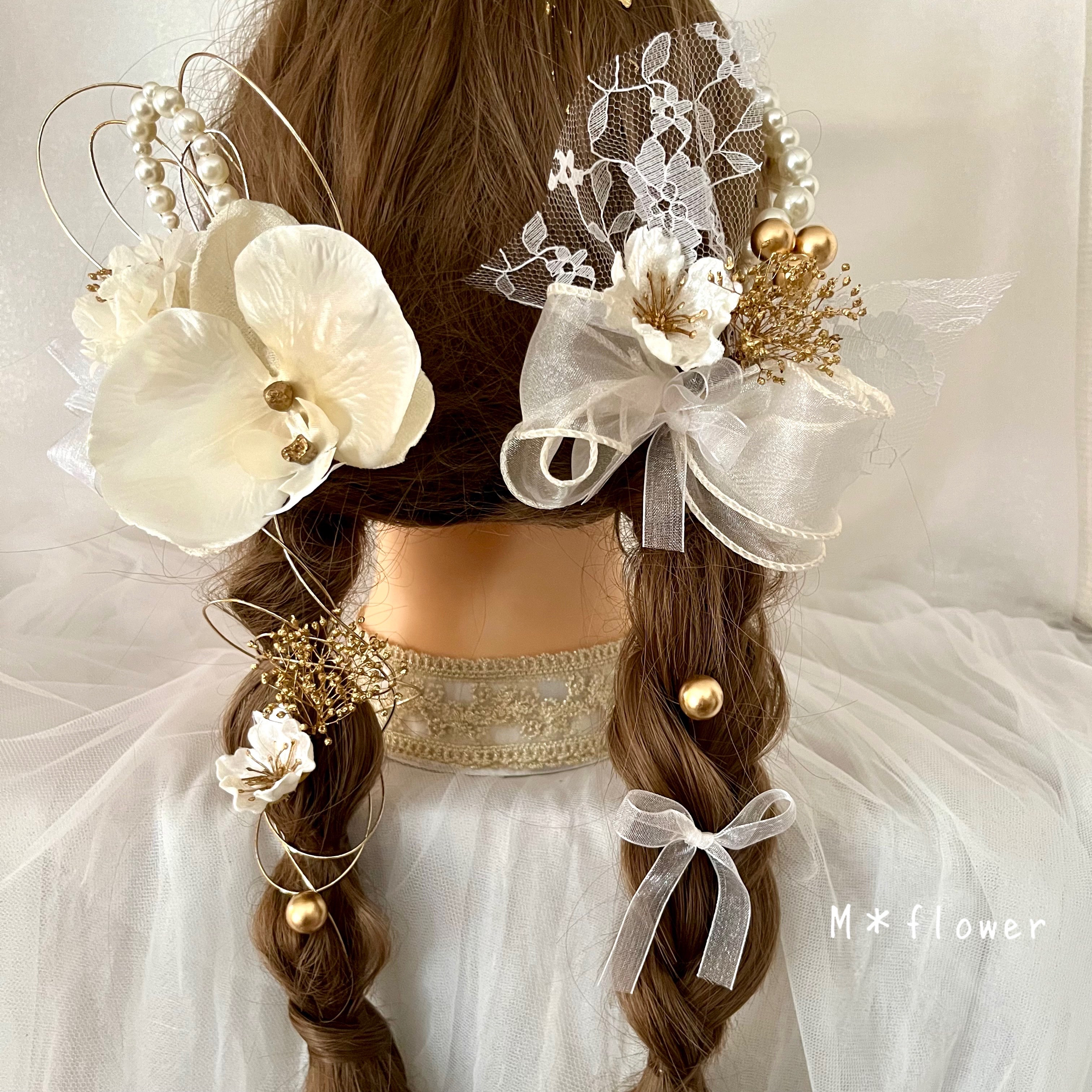 《送料無料》＊胡蝶蘭×リボン×パールの髪飾り＊成人式 卒業式 結婚式 ツインアレンジ パールチェーン 水引