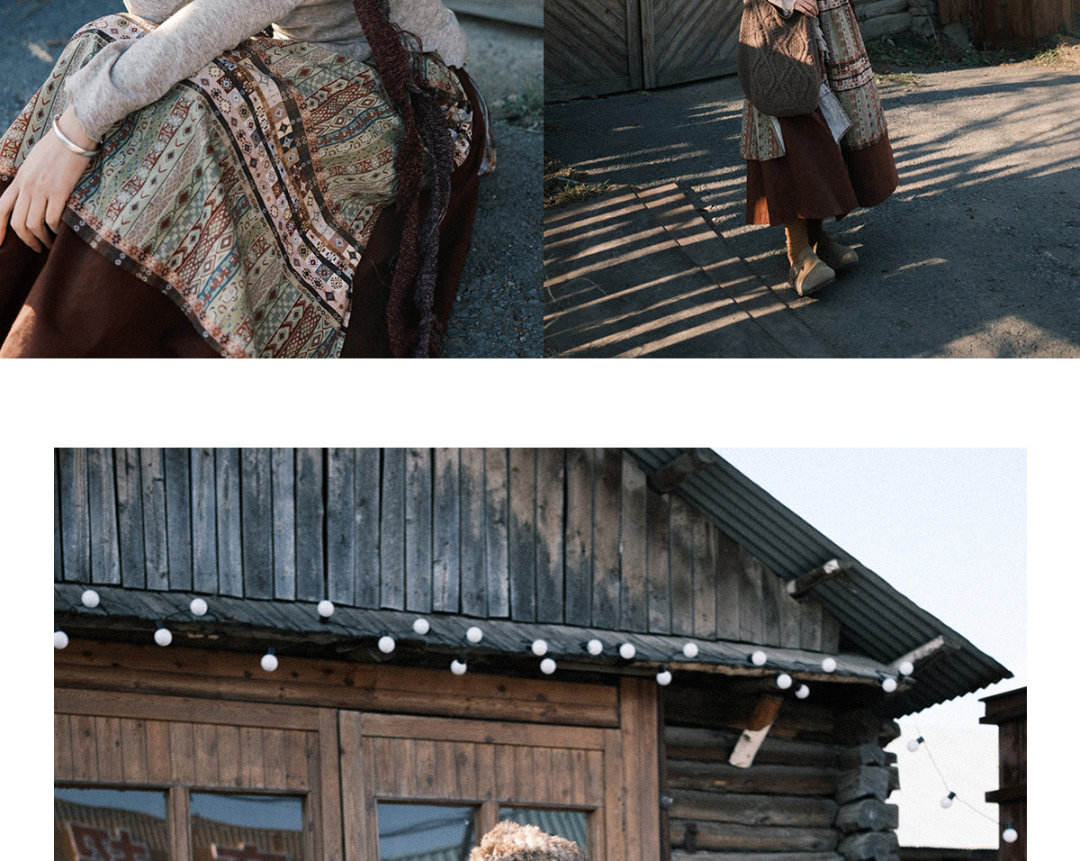 名族風 二層ステッチプリント中丈スカート ハイウエストA字スカート、レディース