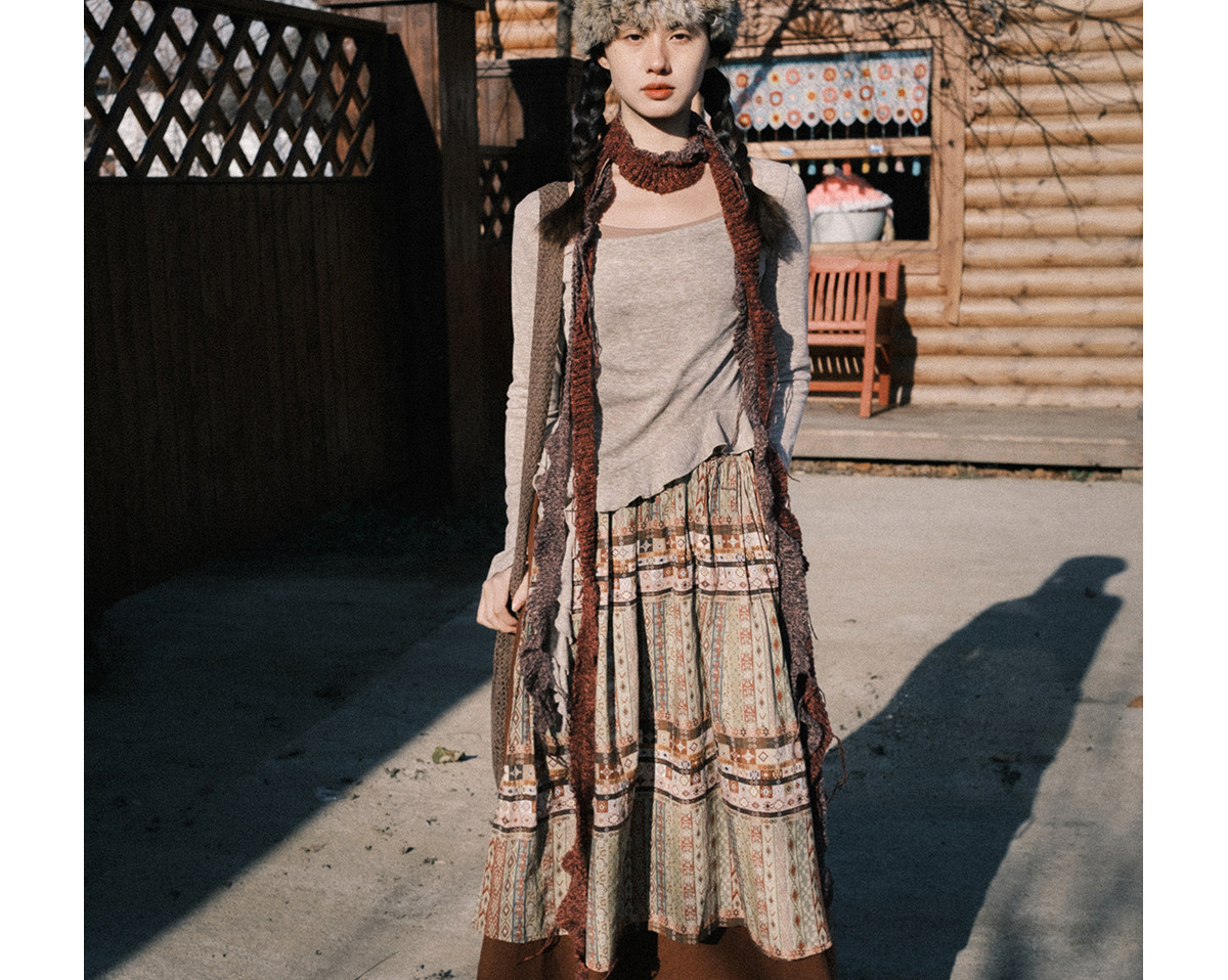 名族風 二層ステッチプリント中丈スカート ハイウエストA字スカート、レディース