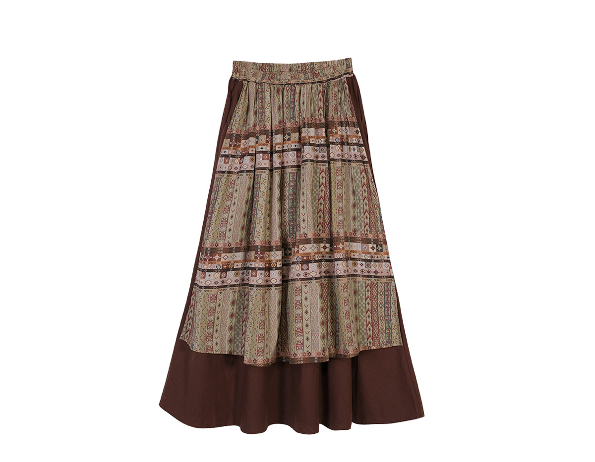 名族風 二層ステッチプリント中丈スカート ハイウエストA字スカート、レディース