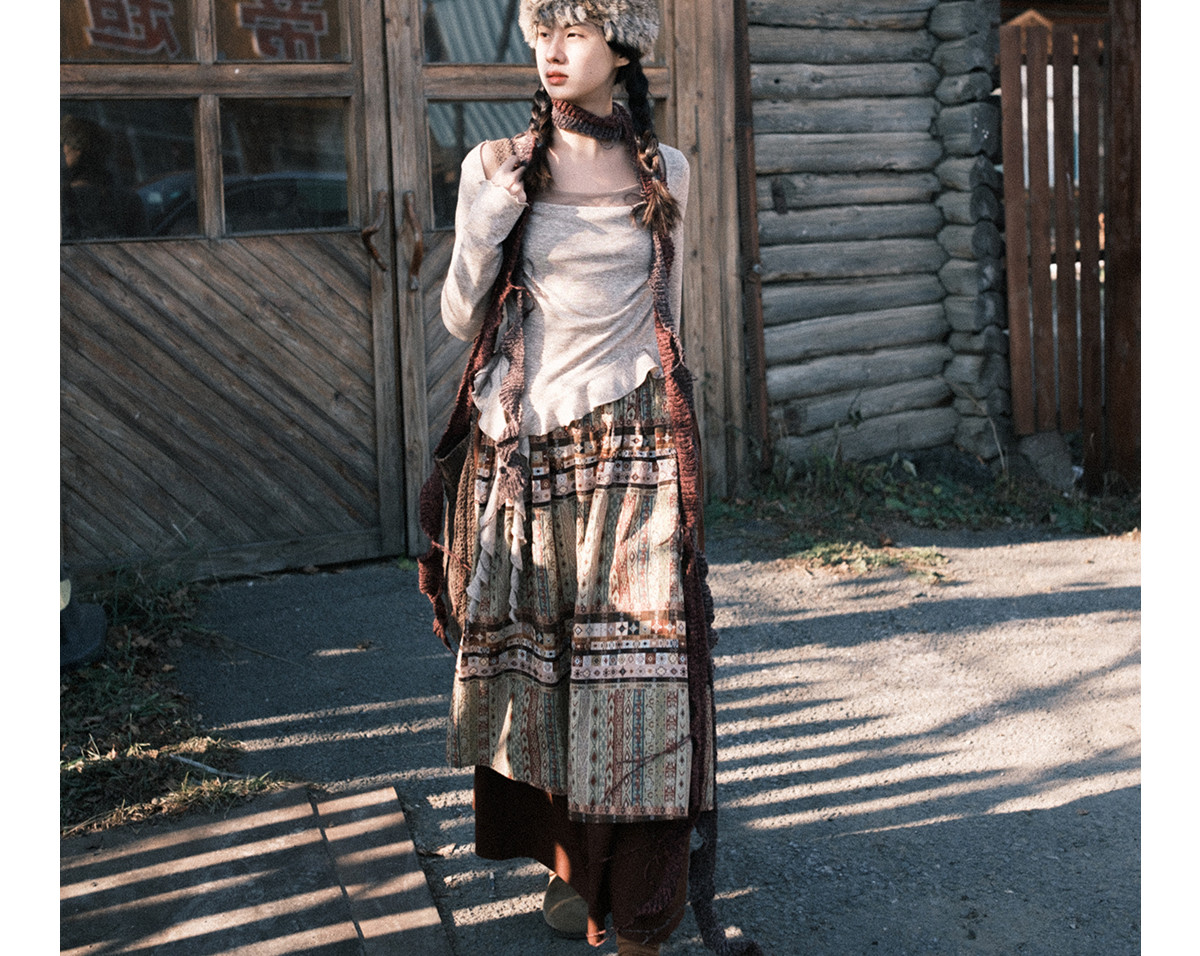 名族風 二層ステッチプリント中丈スカート ハイウエストA字スカート、レディース