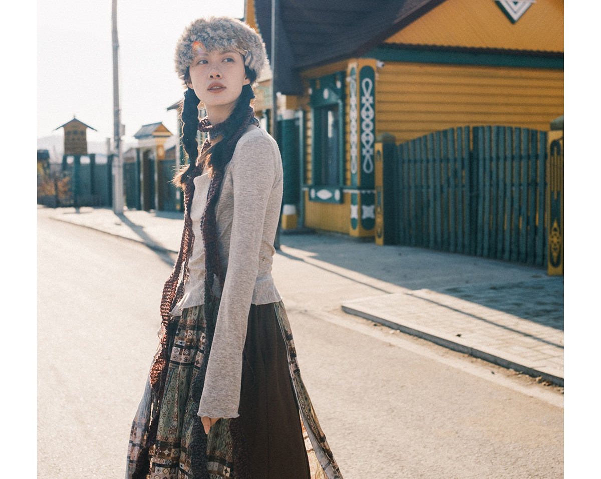 名族風 二層ステッチプリント中丈スカート ハイウエストA字スカート、レディース