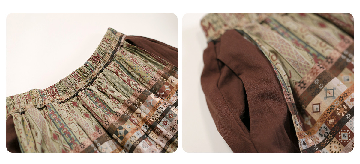 名族風 二層ステッチプリント中丈スカート ハイウエストA字スカート、レディース