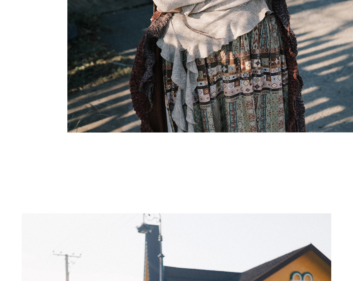 名族風 二層ステッチプリント中丈スカート ハイウエストA字スカート、レディース