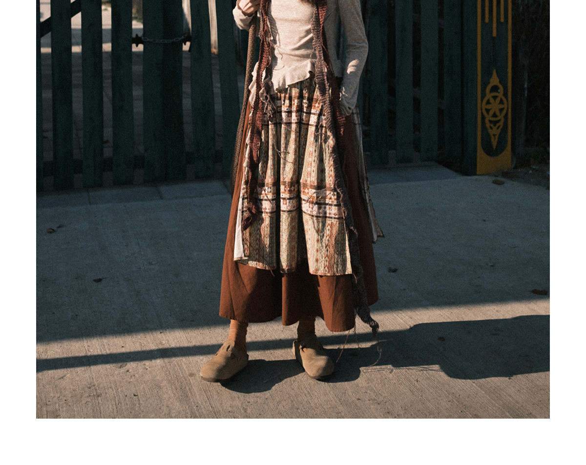 名族風 二層ステッチプリント中丈スカート ハイウエストA字スカート、レディース