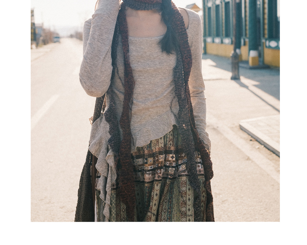 名族風 二層ステッチプリント中丈スカート ハイウエストA字スカート、レディース