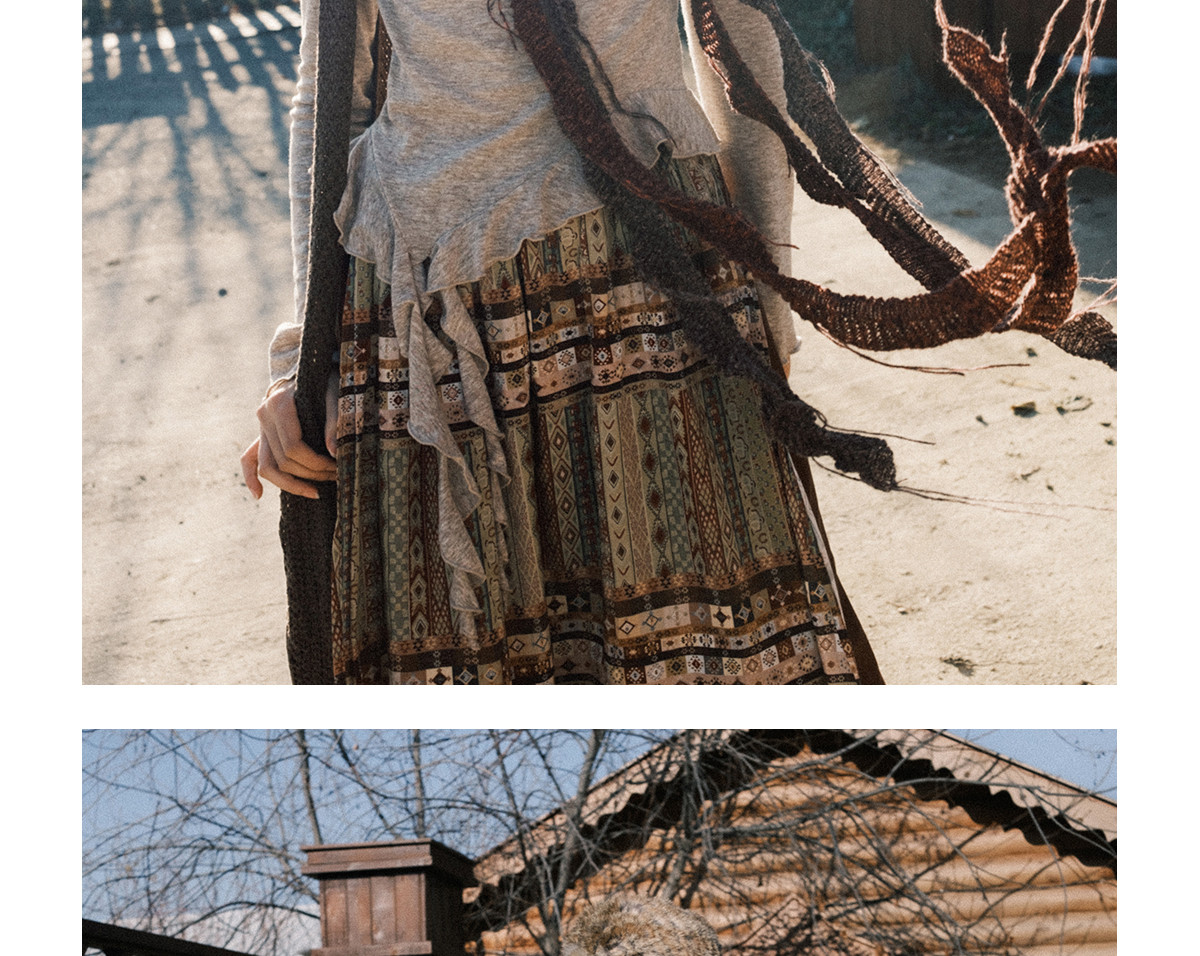 名族風 二層ステッチプリント中丈スカート ハイウエストA字スカート、レディース