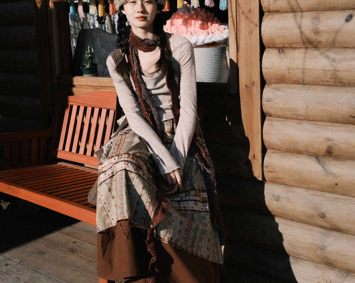 名族風 二層ステッチプリント中丈スカート ハイウエストA字スカート、レディース