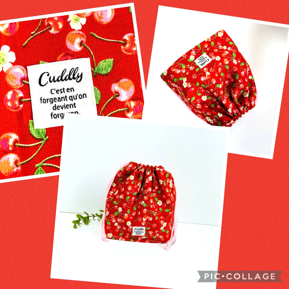 リアルに近いかわいいサクランボがいっぱいの柄の巾着袋＊231006c 巾着