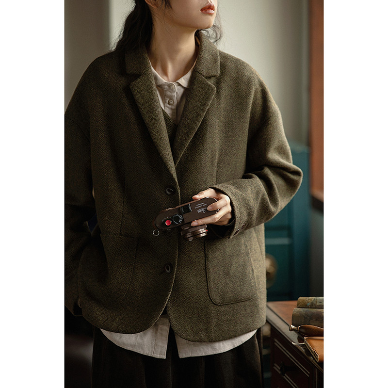 ウール混紡ジャケット　ウールツイード生地ジャケット　通勤ジャケット　グリーン　S-Mサイズ S317