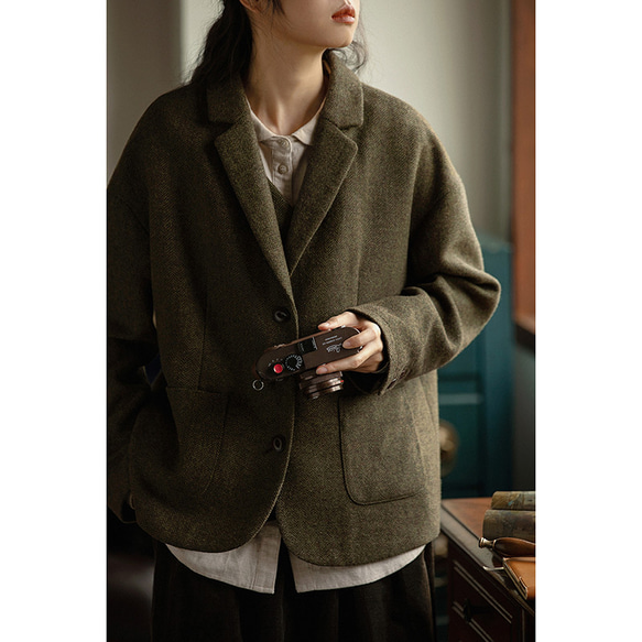 ウール混紡ジャケット ウールツイード生地ジャケット 通勤ジャケット