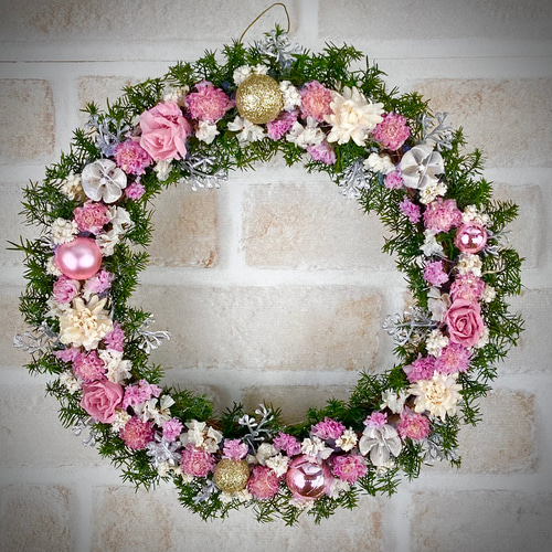 早割クリスマスリース2024☆ホワイトピンクのクリスマスリース