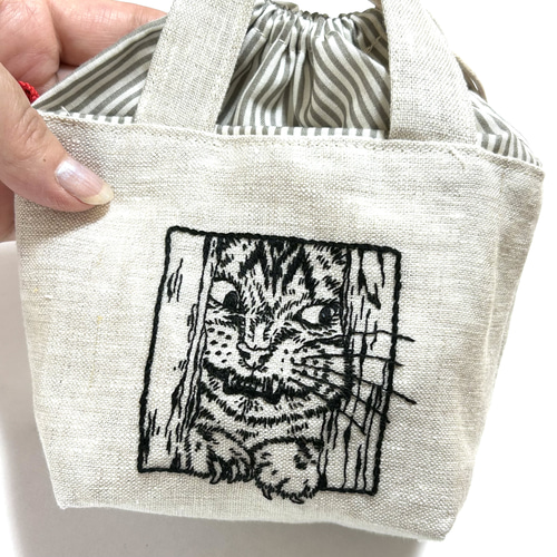 受注制作【猫刺繍ミニミニ巾着トートバック】リネン・ニャ
