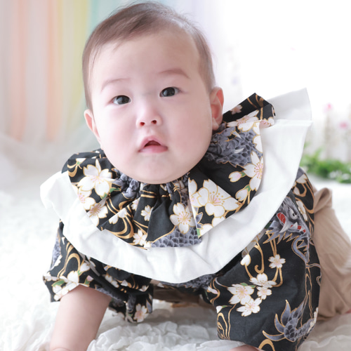 龍金雲ブラック×ベージュ ベビー袴 ＊ 70 80 90着物 お食い初め 100日