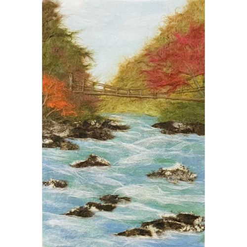 和紙ちぎり絵『紅葉の吊り橋』葉書サイズ原画 切り絵 彩紘工房