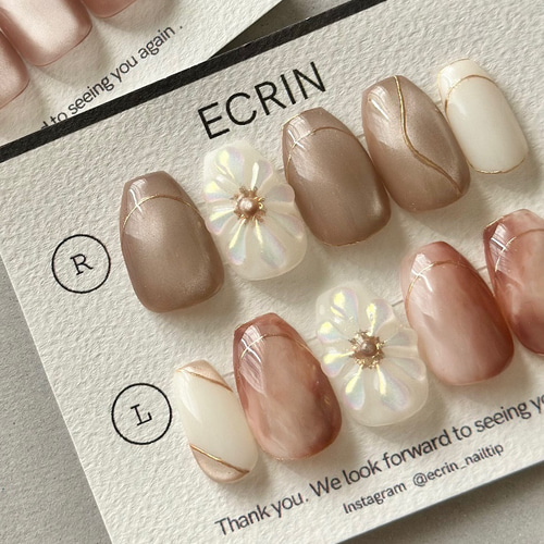 No.1【pink beige flower】ネイルチップ マグネットネイル 淡色 ピンク 